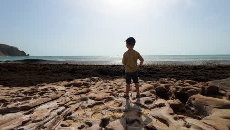 Young-boy-looking-at-the-ocean-covered-in-algae