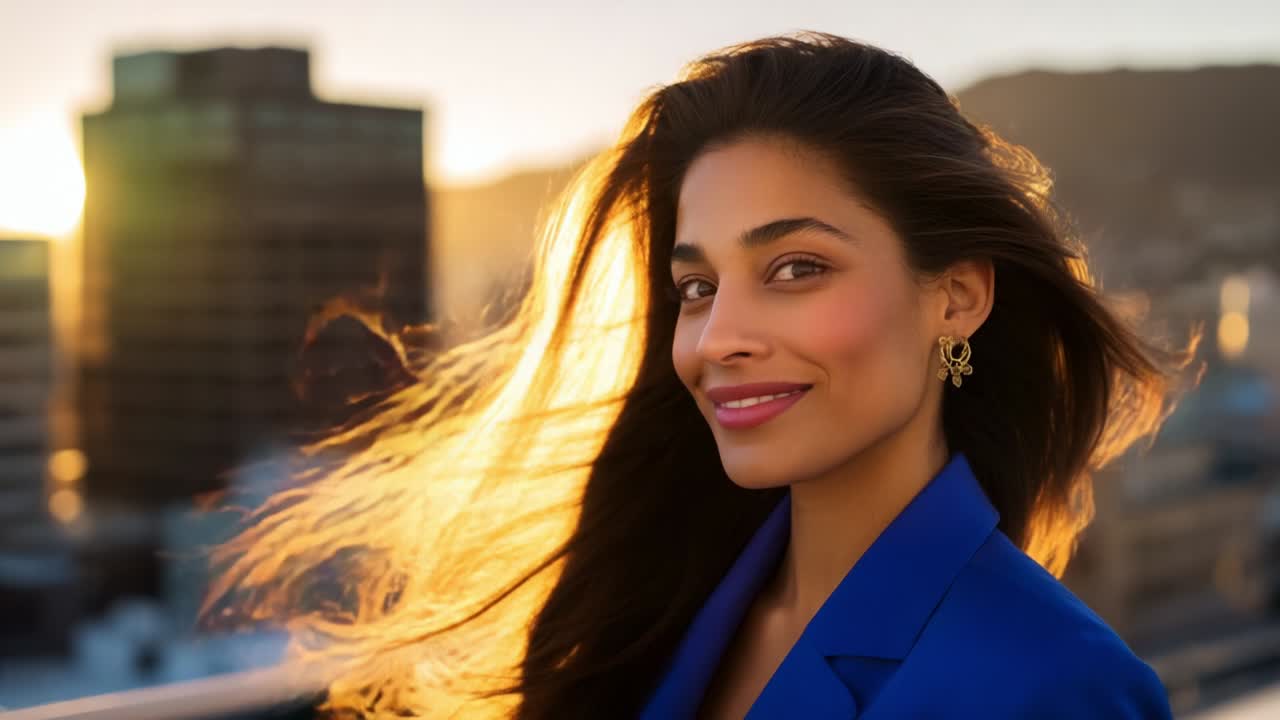 Captivating Portrait of a Confident Woman on a Rooftop at Sunset, Showcasing Radiant Skin, Flowing Hair, and Vibrant Expression, Set Against a Backdrop of Glowing Cityscape and Setting Sun