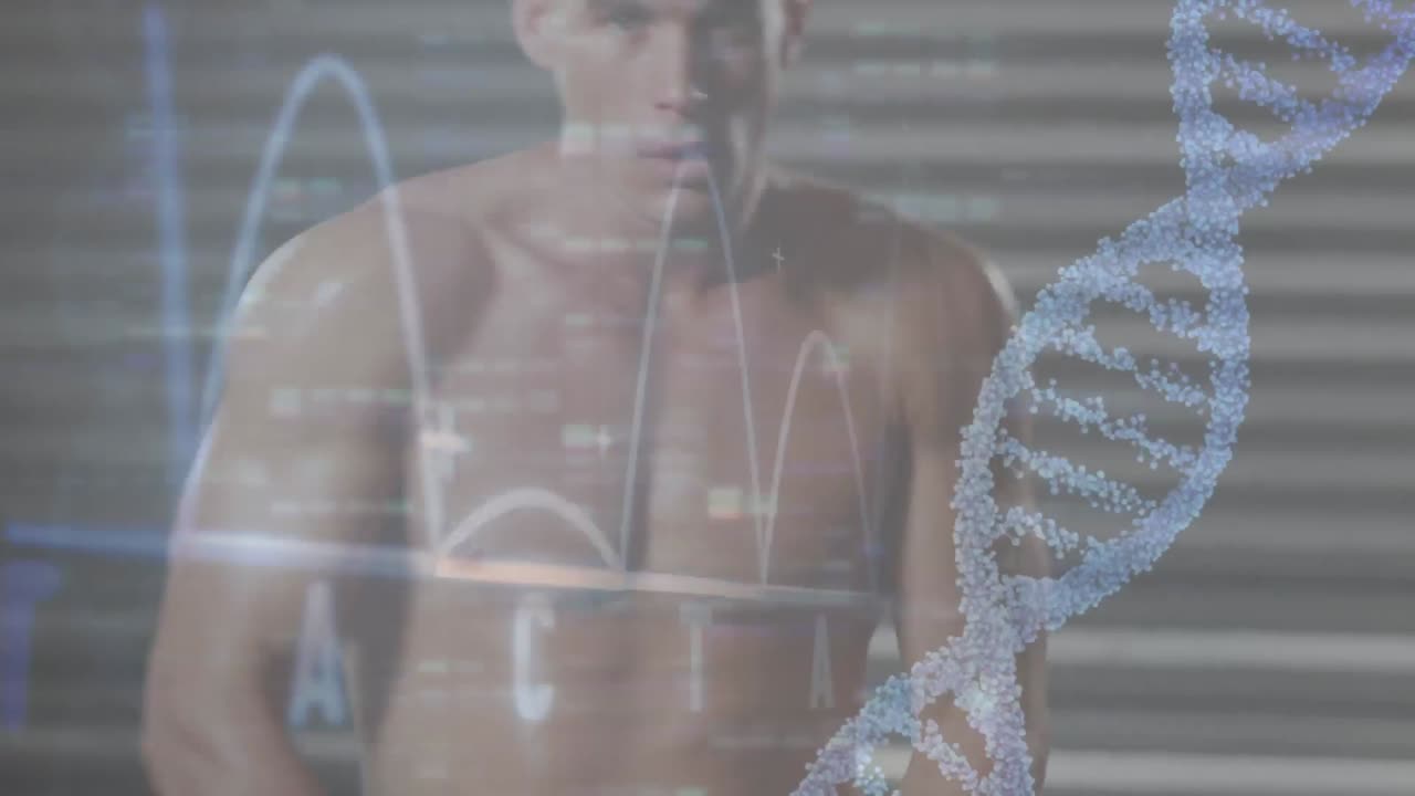 dna 나선형의 애니메이션과 추상적인 패턴을 카우카스 남성 권투 선수가 워밍업 운동을 하고 있습니다.