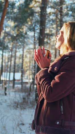 woman enjoying a hot drink in a snowy forest