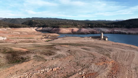 Dry-land-of-old-quarry-and-lake-in-Catalonia,-Spain,-drought-season