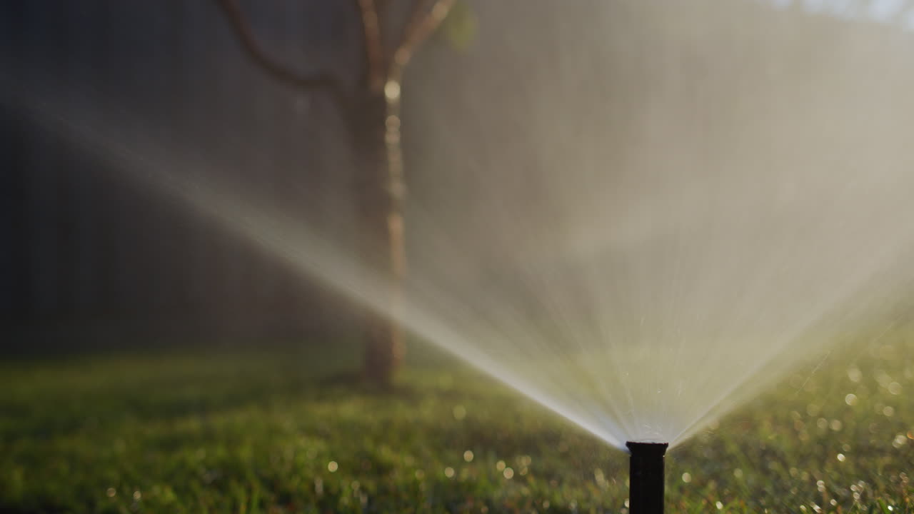 Un getto d'acqua sotto pressione irriga il verde. Video 4K al rallentatore.