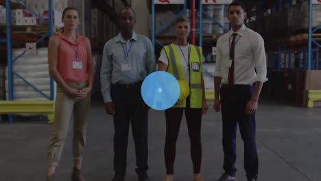 Animation-of-icons-connected-with-lines-over-confident-multiracial-forepersons-standing-in-warehouse