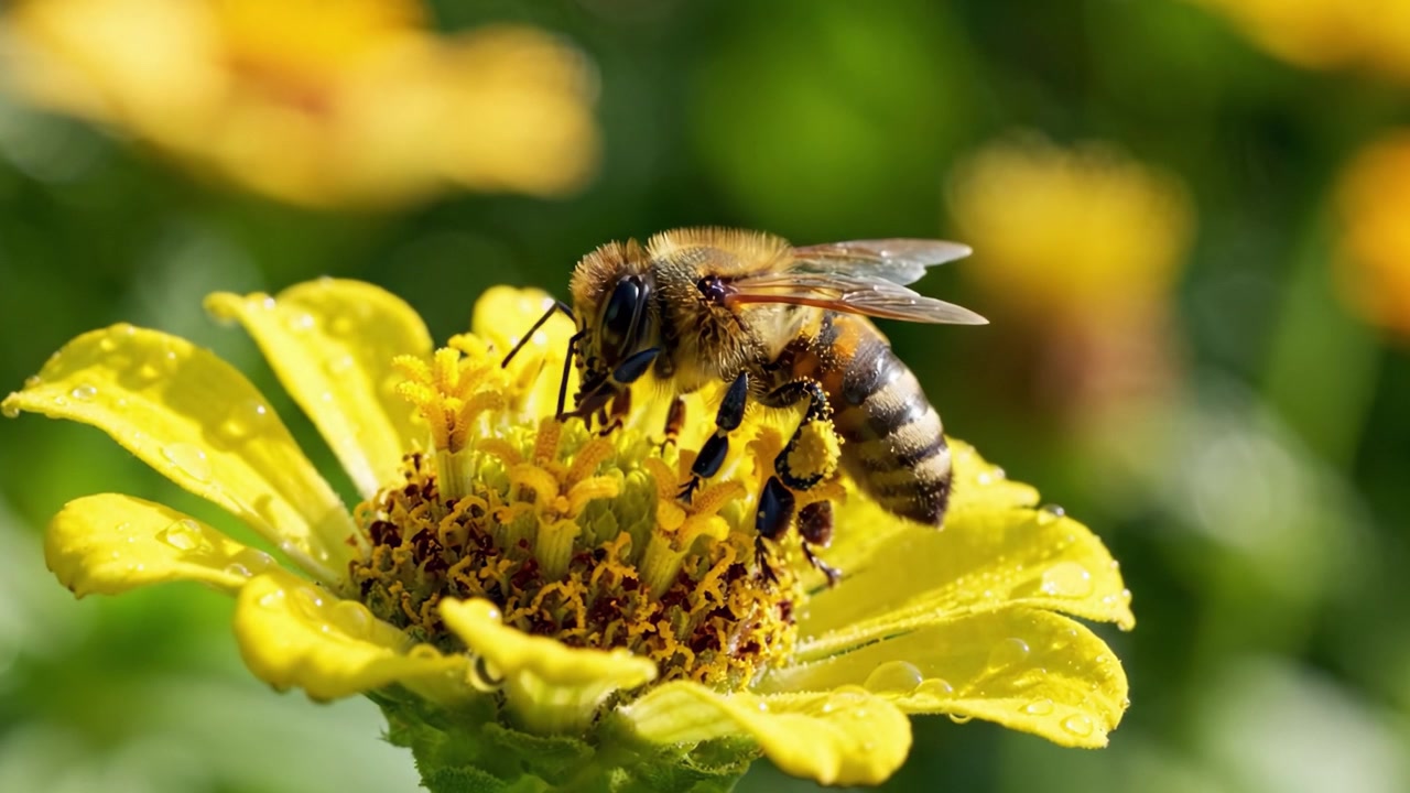 A Honeybee Collecting Nectar from a Vibrant Yellow Flower Amidst a Green Background, Showcasing Nature's Beauty and the Importance of Pollinators in Ecosystems