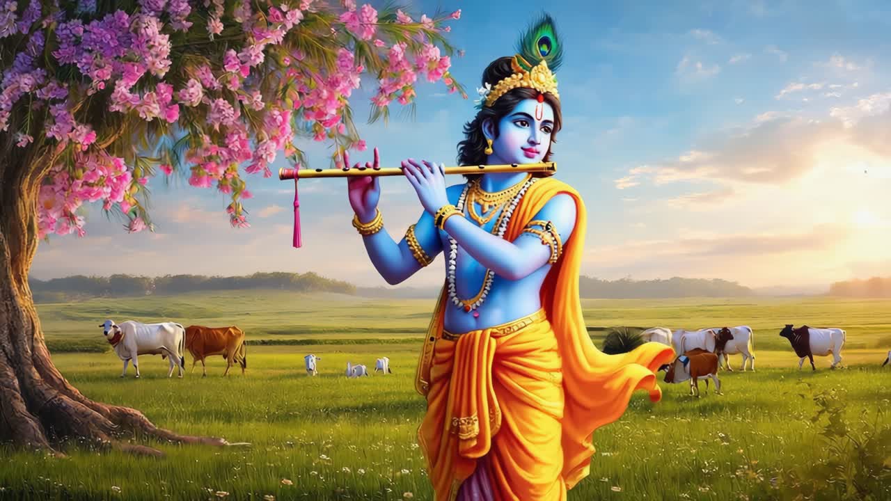 Hindu god Krishna is playing his flute in a peaceful meadow with cows grazing nearby, under a beautiful tree with pink flowers, creating a serene and divine atmosphere