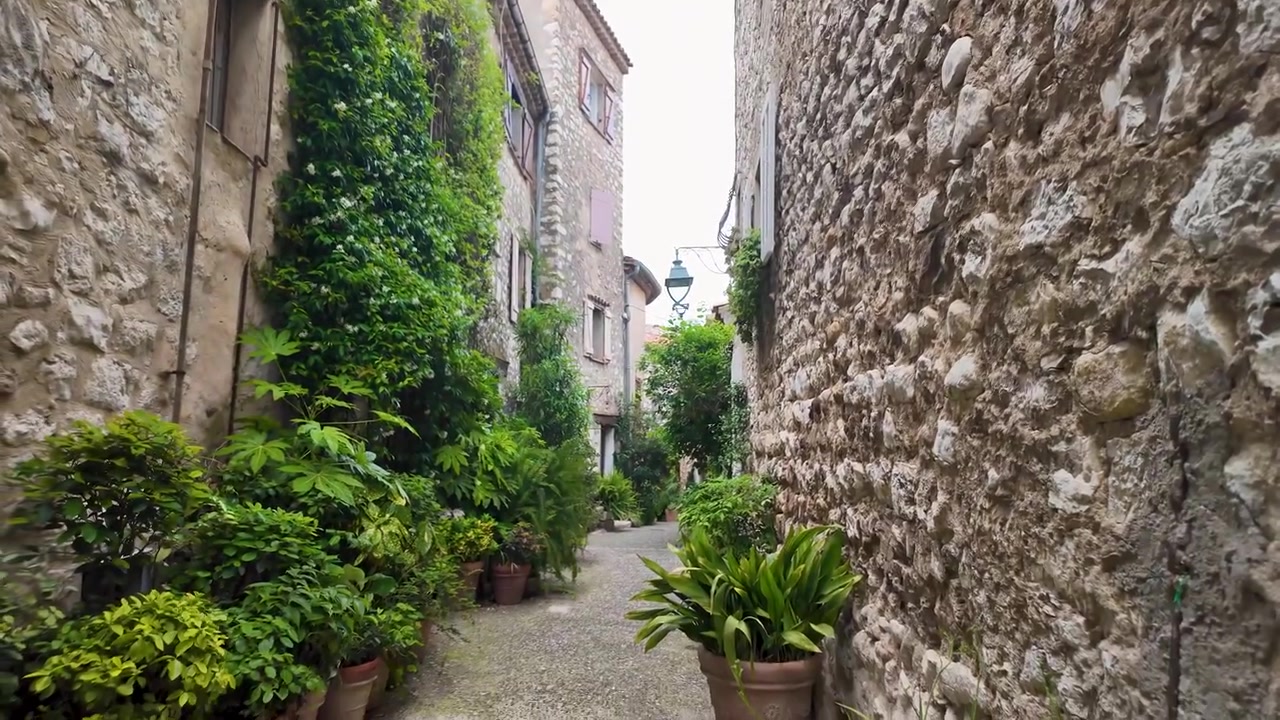 Inclinazione verso il basso in una stretta strada in pietra a Saint Paul de Vence, con muri coperti di edera, piante in vaso e affascinante architettura medievale nel Sud della Francia