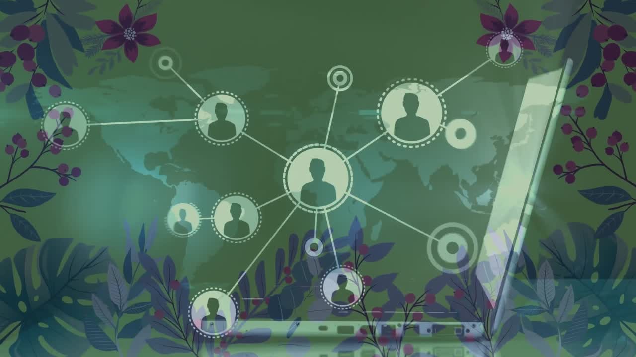 animación de la red de conexiones sobre el mapa del mundo y la computadora portátil