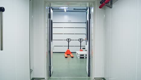 contemporary building inside the dairy farm. light corridor in the modern factory for producing milk products. motion camera back.