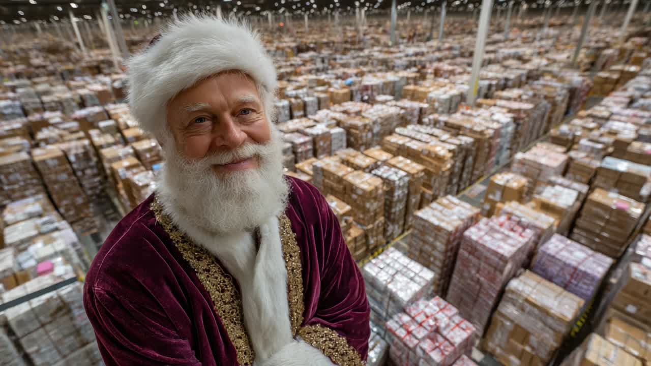 A Joyful Santa Claus Surrounded by a Vast Warehouse Filled with Holiday Packages Ready for Delivery, Spreading Cheer and Embracing the Spirit of the Christmas Season in a Busy Distribution Center