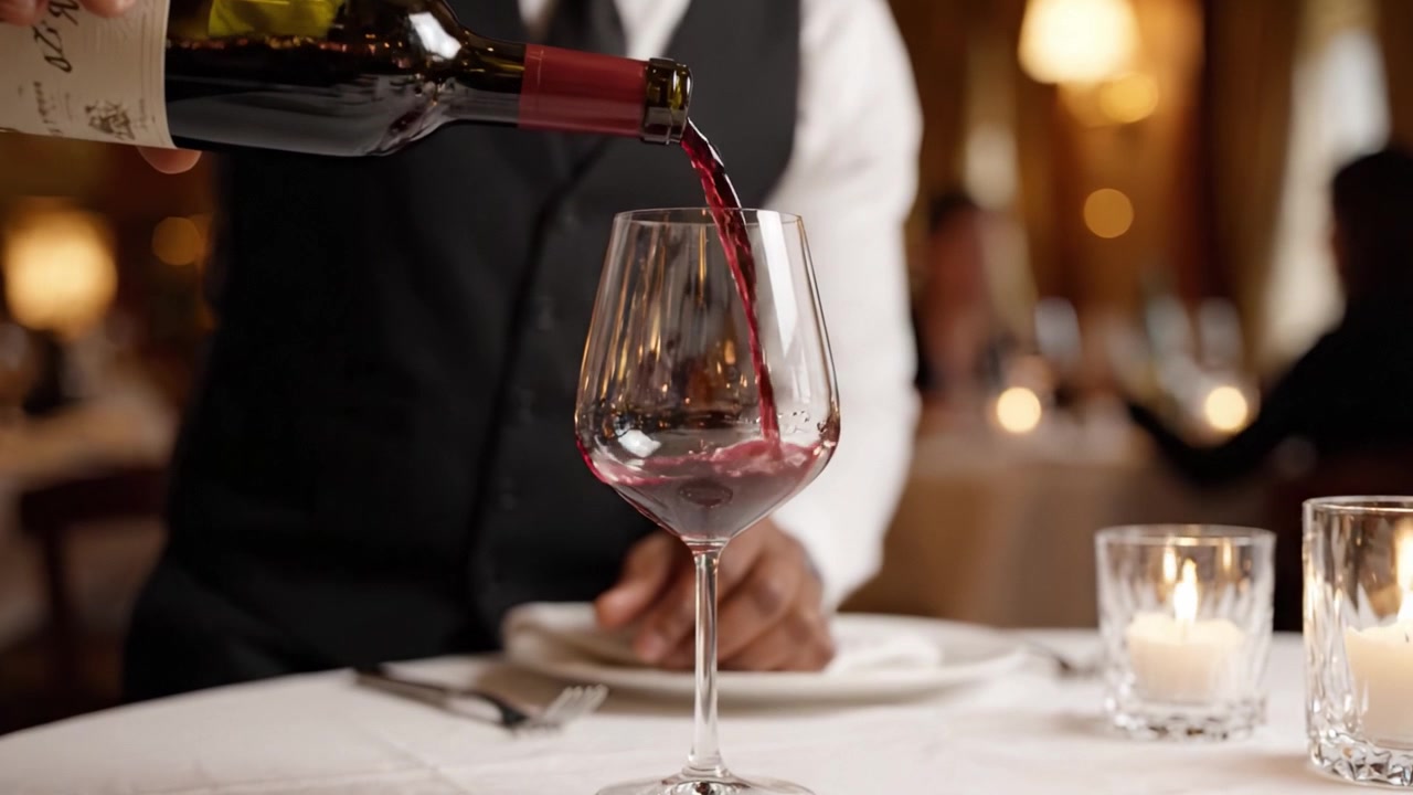 Esperienza culinaria elegante: un sommelier versa del pregiato vino rosso in un bicchiere, catturando l'essenza della ristorazione gourmet in un lussuoso ambiente da ristorante.