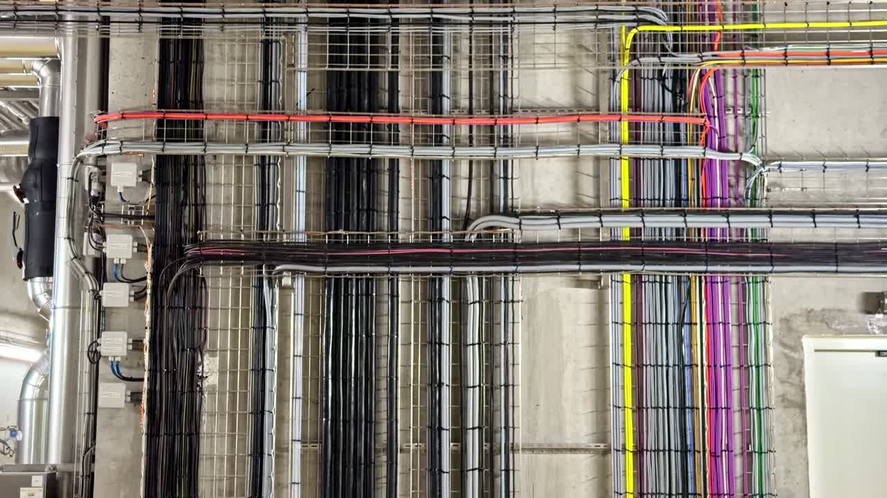 An Organized Set of Multi-colored and Black Industrial Cables Neatly Secured on a Metal Wire Tray Inside a Facility - Pan Down Shot