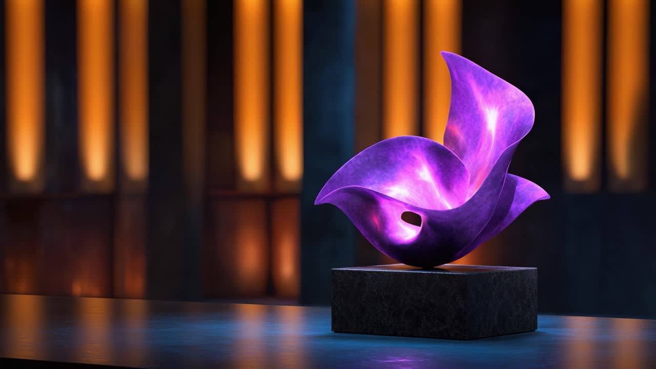 Mesmerizing Abstract Sculpture with Luminous Colors Showcasing Artistic Design in a Dimly Lit Gallery Setting – A Captivating Visual Experience