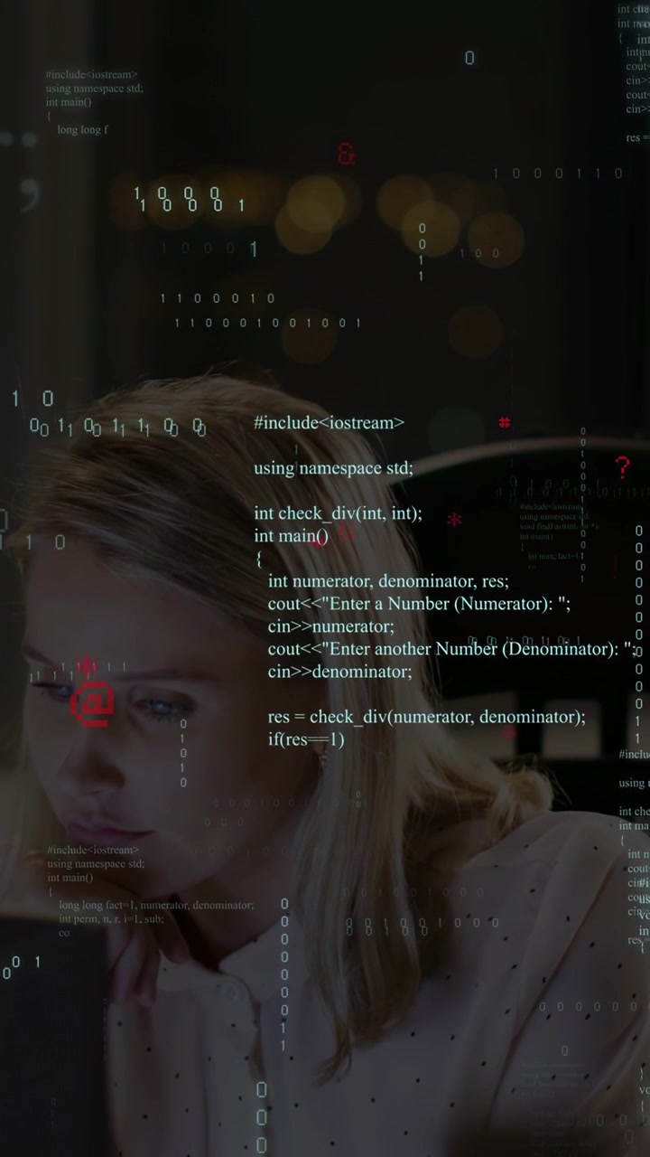 Vertical video: Woman resting chin watching on screen code overlays expanding while debugging