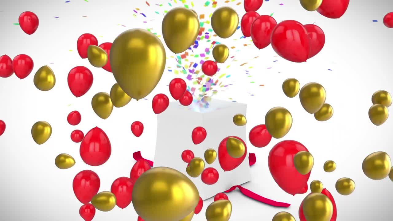animación de globos rojos y dorados sobre la apertura de la caja de regalos, liberando confeti colorido
