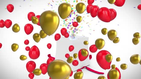 animation of red and gold balloons over gift box opening, releasing colourful confetti