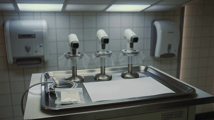 La telecamera si allontana rivelando un vassoio d'acciaio con tre sensori in un'area lavaggio piastrellata per mostrare i dispenser.