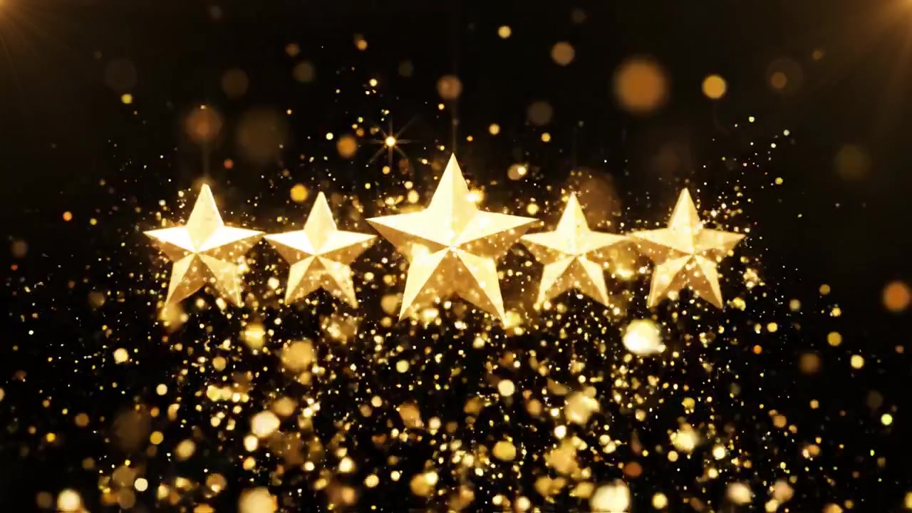 Uno spettacolo affascinante di stelle dorate che illuminano il cielo notturno con effetti scintillanti, a simboleggiare il successo, la realizzazione e la celebrazione in una presentazione artistica.