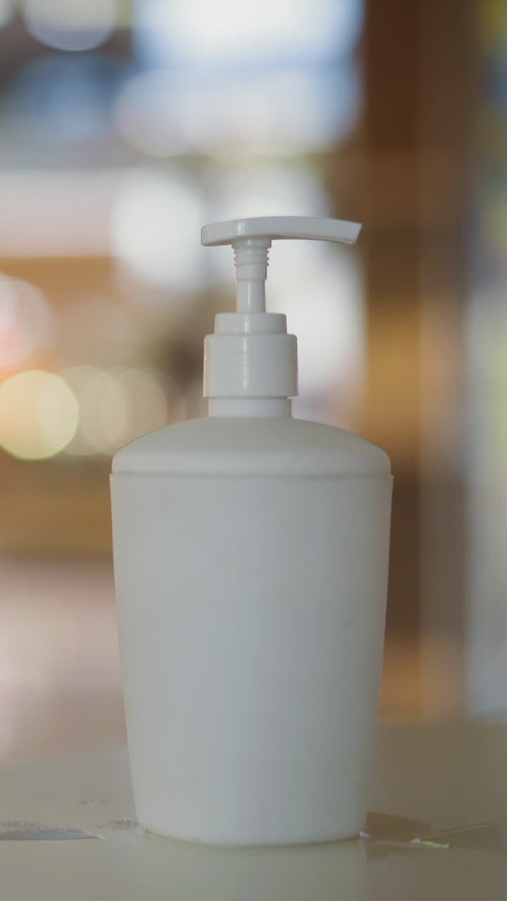 White dispenser bottle with antiseptic spilled on beige round table on blurred background in large store space for design close view
