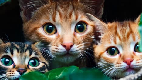 a group of three kittens peeking out from behind a green plant