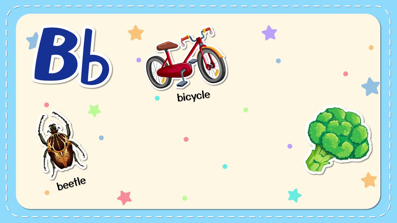 Una flashcard animata mostra la lettera B accanto a illustrazioni di bicicletta, scarabeo, broccoli, farfalla, pallacanestro e pane.
