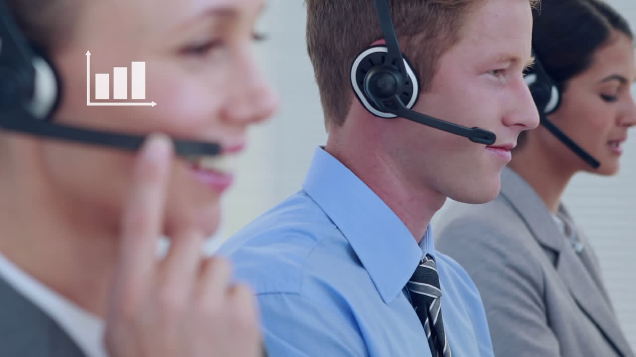 Animation of statistic over business people wearing phone headsets