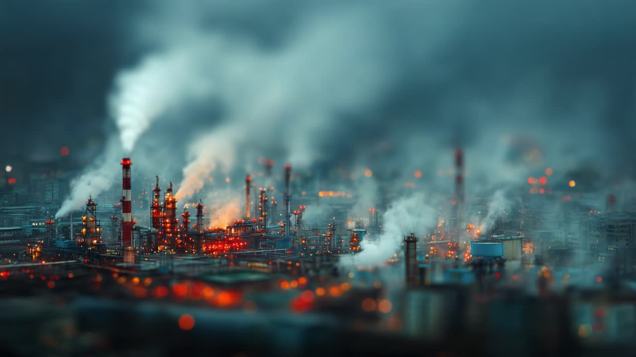 Aerial View of a Majestic Industrial Complex at Night, Illuminated by Vibrant Lights Against a Cloudy Smoky Sky, Exuding a Cloud of Smoke and Vapor