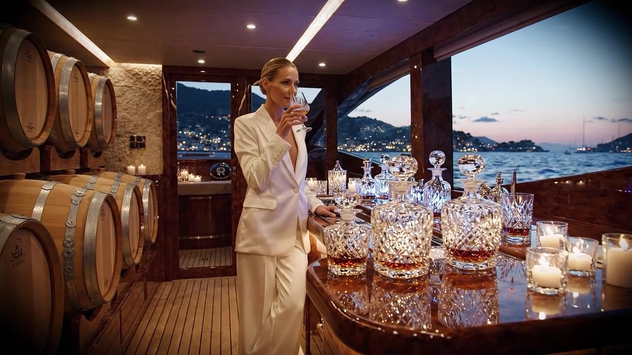 Mujer elegante con atuendo con estilo disfrutando de bebidas lujosas en un yate al atardecer con vistas impresionantes del agua y un paisaje escénico de fondo.