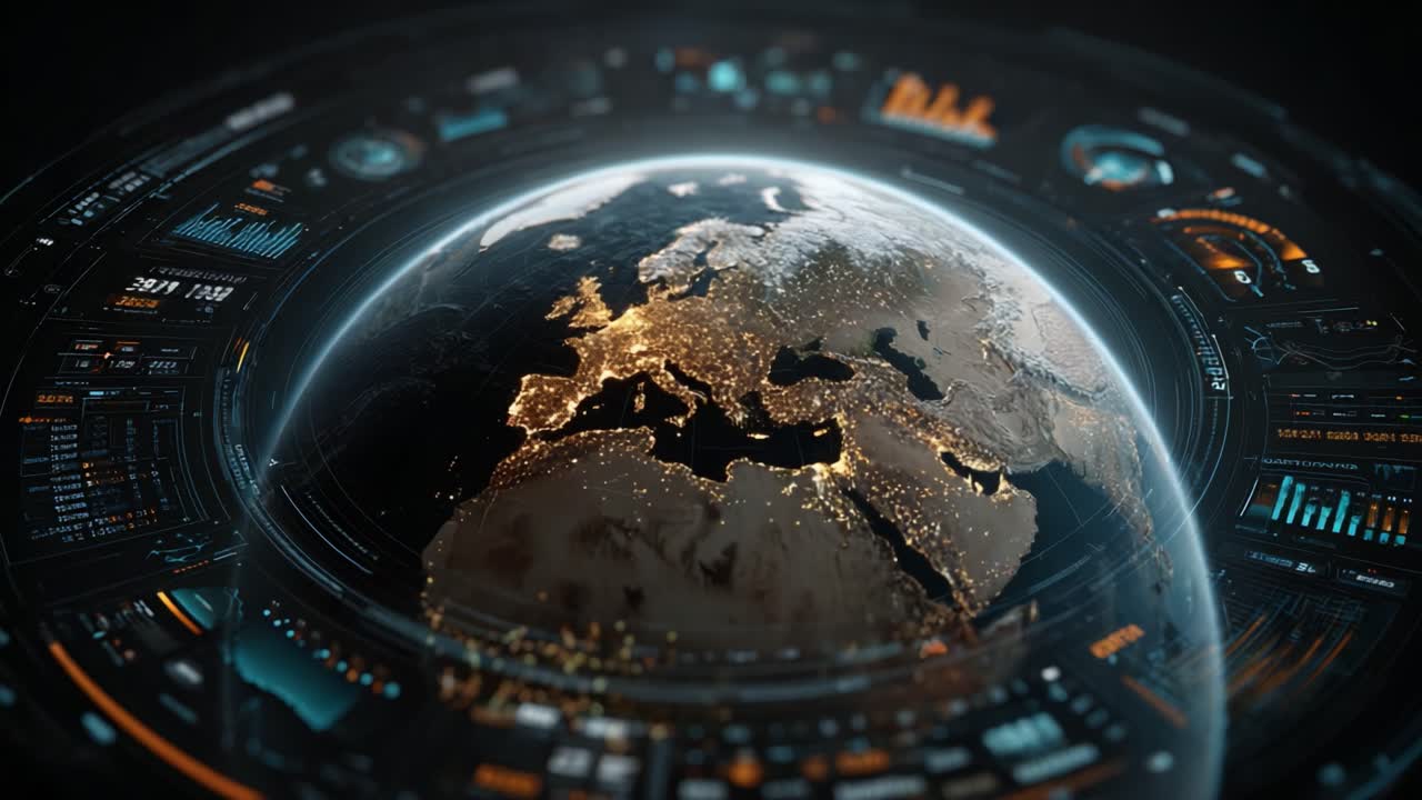 Captivating View of Earth: Illuminated Continents and Digital Interfaces Showcase Global Insights and Data Visualization from Space in Stunning High Definition