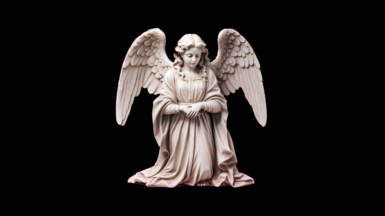 Angel statue kneeling animation isolated asset, transparent 4K video, alpha channel, ProRes 4444