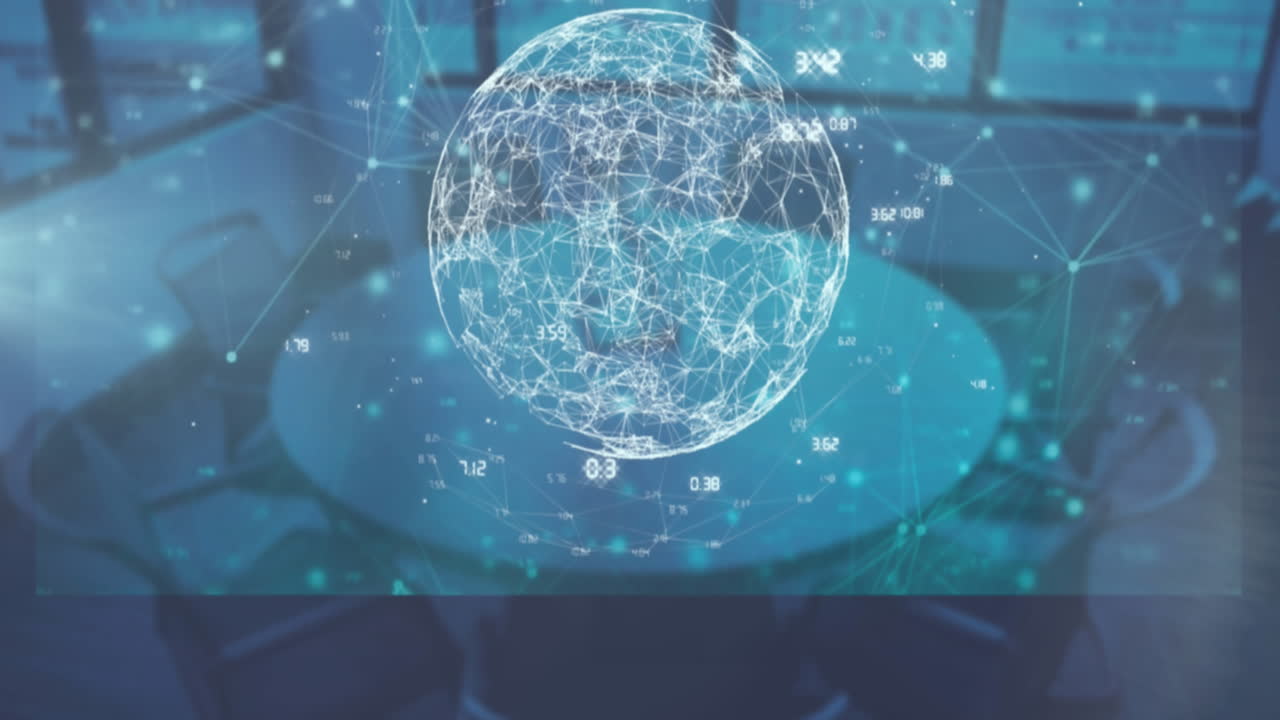 여러 인포그래픽 인터페이스를 루프하는 애니메이션, 빈 회의실에서 연결된 아이콘