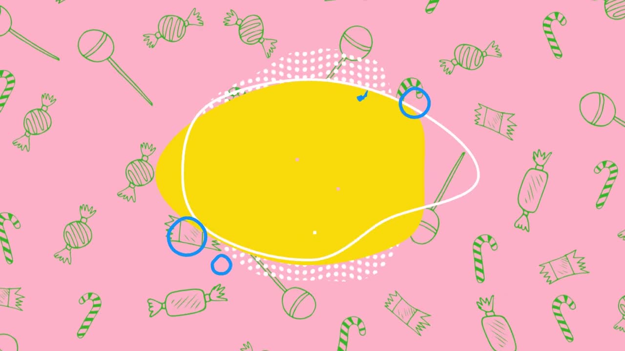 분홍색 배경에 사탕 아이콘에 대한 복사 공간과 함께 노란색 추상 배너의 애니메이션