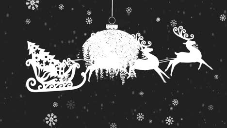 Animation-of-santa-claus-in-sleigh-with-reindeer-moving-over-christmas-bauble-decoration