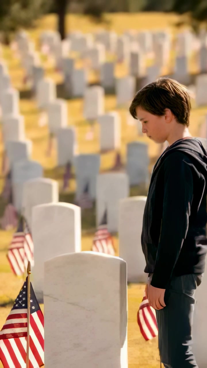 Vertical video: Walking hooded boy visiting grave among US flags, parent approaching, copy space
