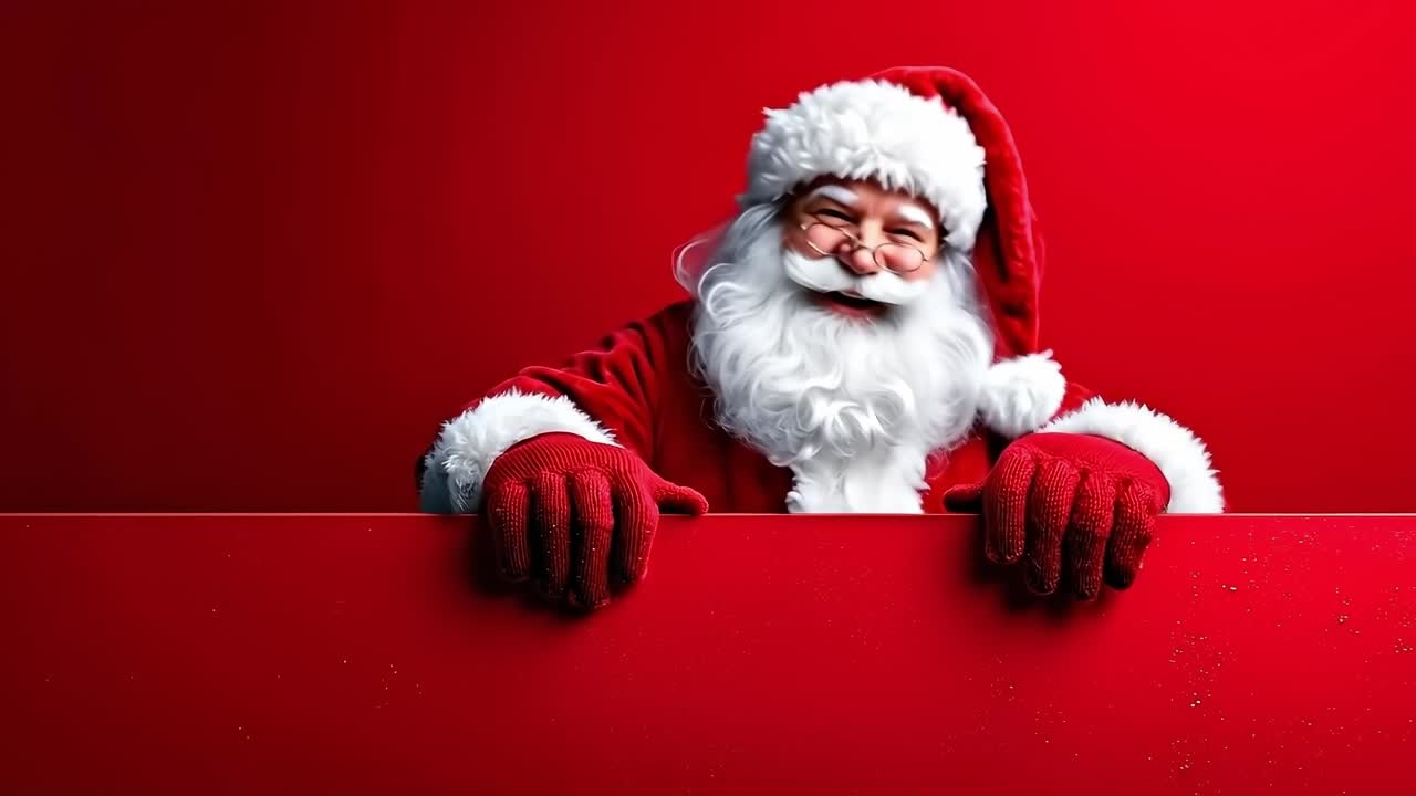Babbo Natale che sbircia da un cartello rosso con le mani sopra