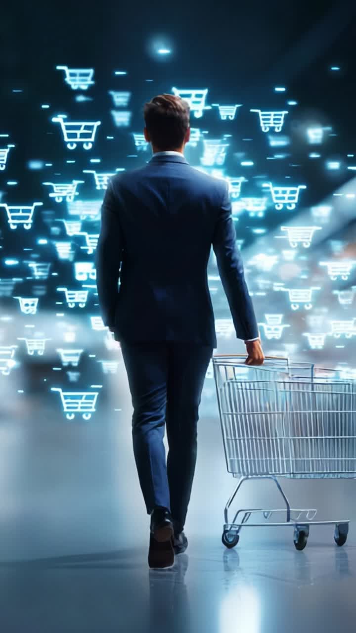 A Businessman Navigates the Digital Marketplace Carrying a Shopping Cart Surrounded by Virtual Shopping Carts, Representing Online Consumerism and E-commerce Trends
