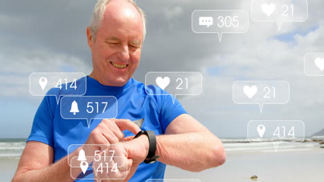 animation of notification bars over senior caucasian man using smartwatch at beach