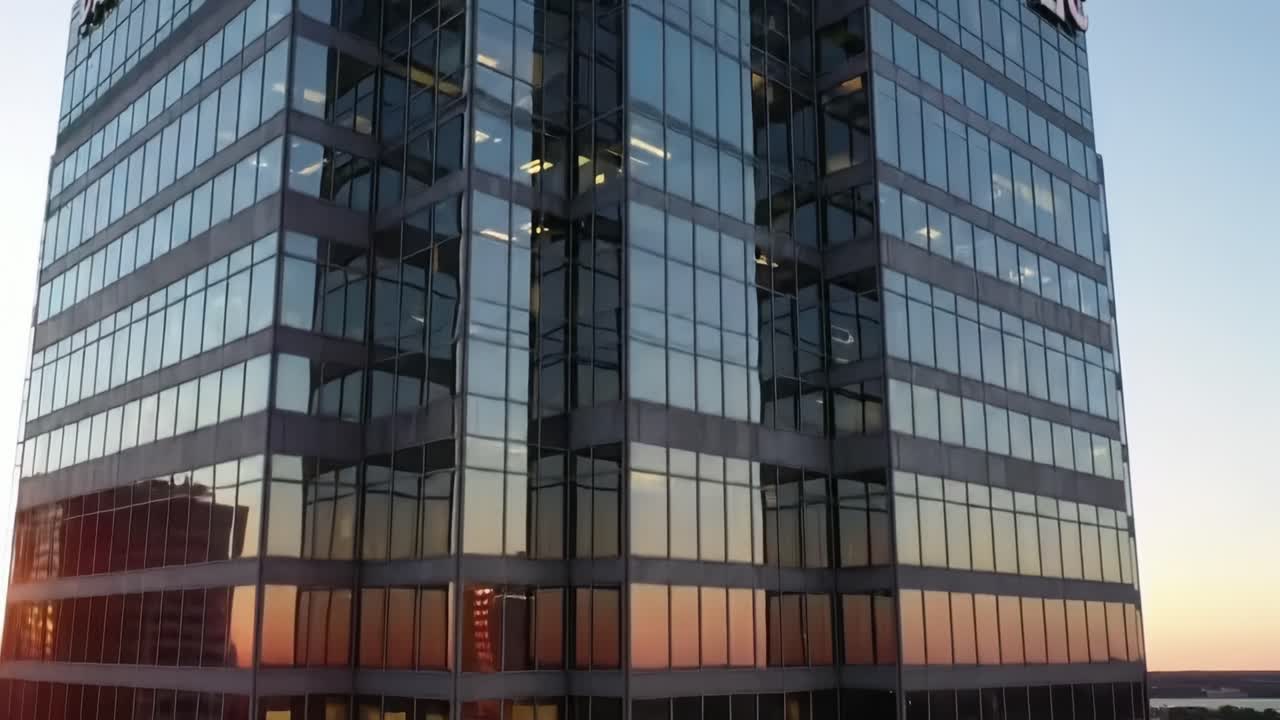 Dramatic sunset colors reflect off the glass facade of a tall skyscraper, showcasing a vibrant array of oranges and yellows against the structure. The urban skyline provides a stunning backdrop.