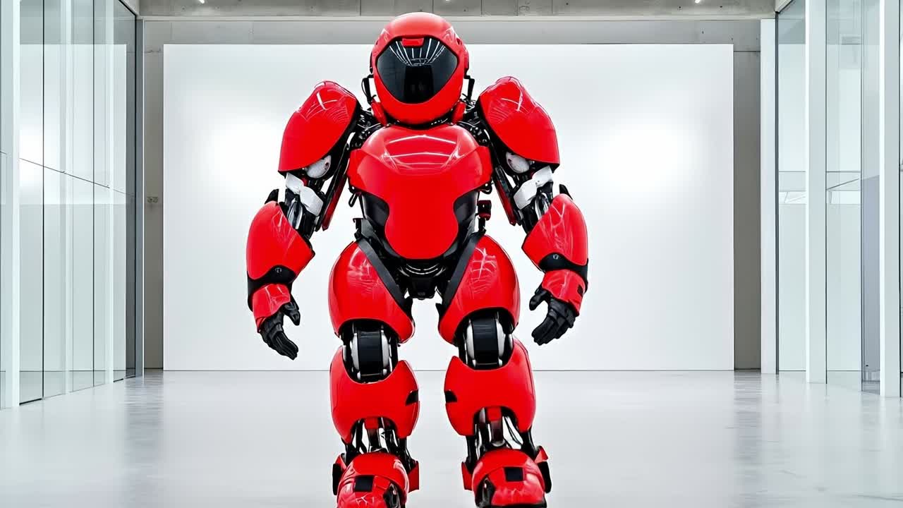 A red robot standing in a white room