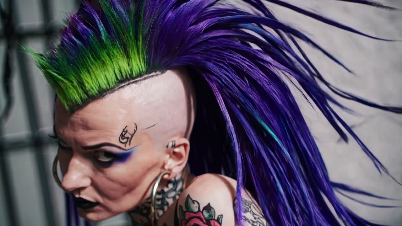 retrato en primer plano de una mujer con peinado y maquillaje punk