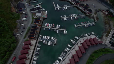 Aerial-overhead-revealing-shot-of-the-scenic-coast-of-Helgeland-in-Northern-Norway