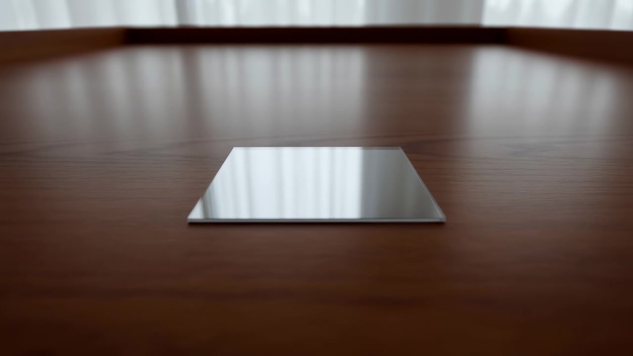 Centered rectangular panel lies flat on warm wooden table inside bright minimalist room, highly reflective surface catching soft vertical window light and creating clean premium display space