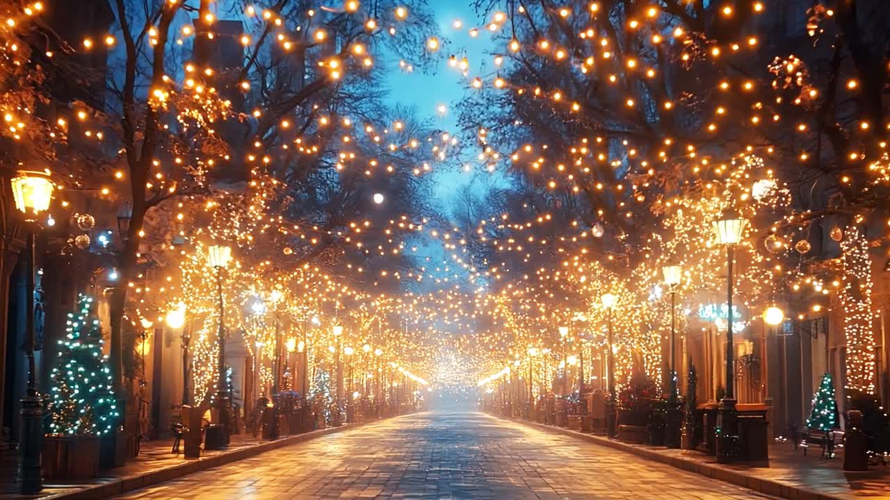 Strada cittadina festiva con luminarie natalizie