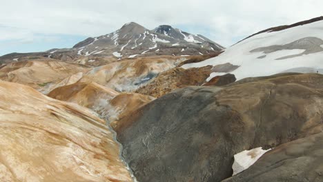 autumn scenery at geothermal valley kerlingarfjöll with snow on hill, fpv