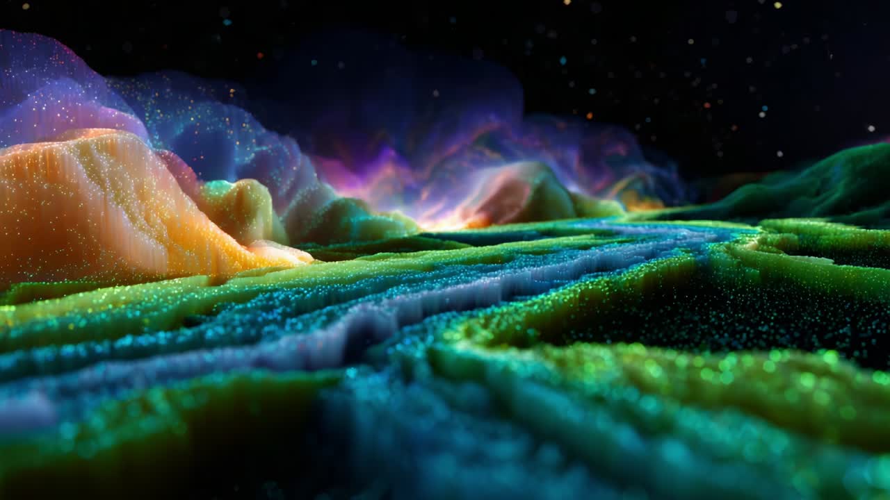 A mesmerizing digital landscape featuring vibrant colors and intricate patterns, showcasing a breathtaking abstract scene filled with swirling lights and flowing forms that evoke a sense of wonder and exploration