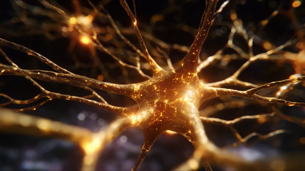 Close-Up View of Glowing Neurons Interconnected Through Filamentous Extensions, Highlighting the Intricate Structure and Function of the Nervous System in an Artistic Representation of Cellular Communication