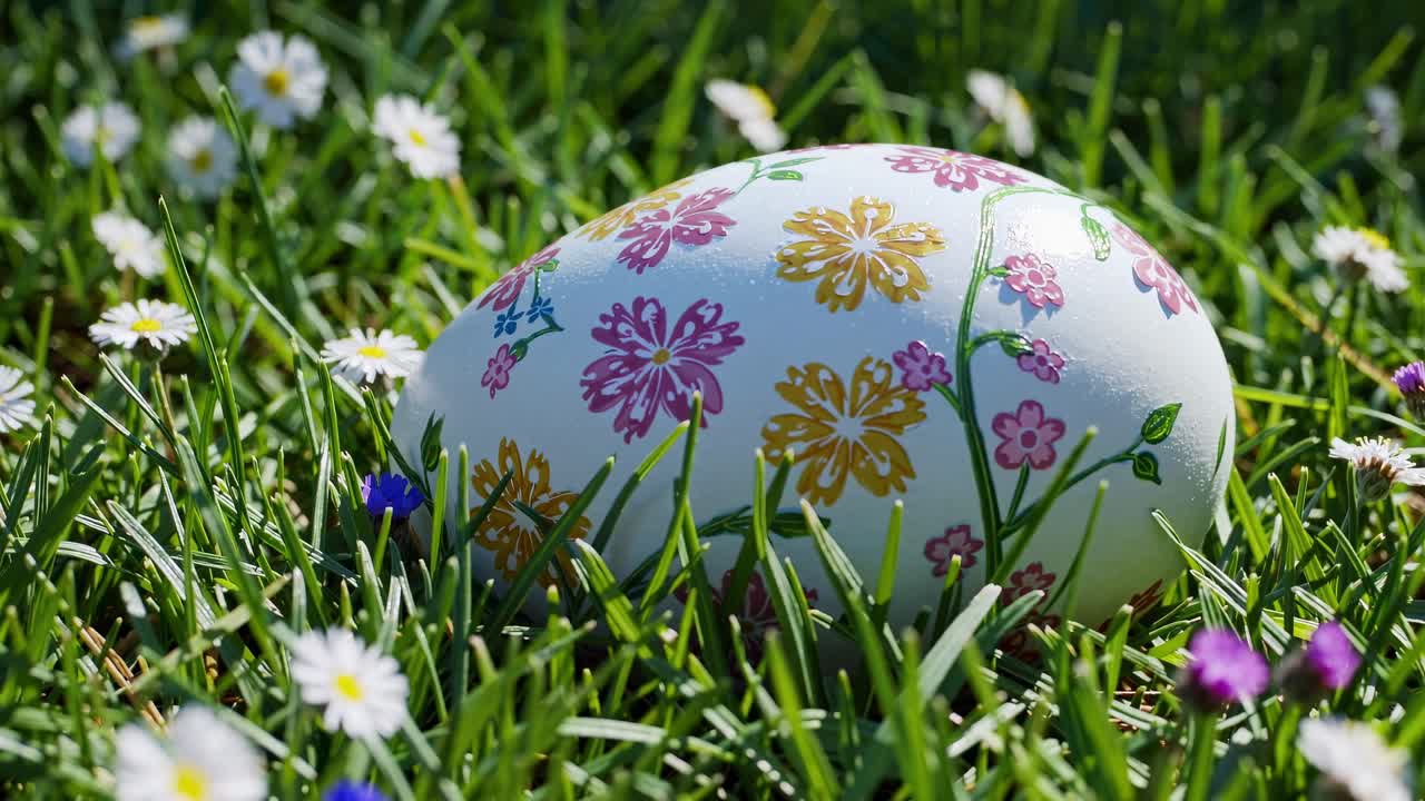 пасхальное яйцо, спрятанное в траве с цветами.