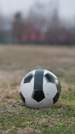 close-up leg view of two people preparing to play soccer with a ball placed between them on a grassy field, the background is blurred, showcasing a football post in the distance