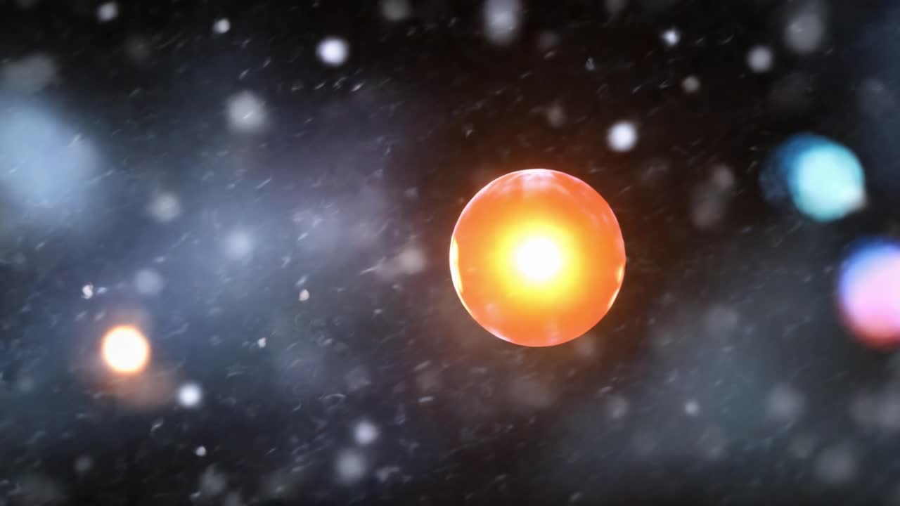 Un globo luminoso illumina uno sfondo innevato in uno spettacolo ipnotico di colori e luce, catturando l'essenza della creazione e della meraviglia cosmica in movimento.
