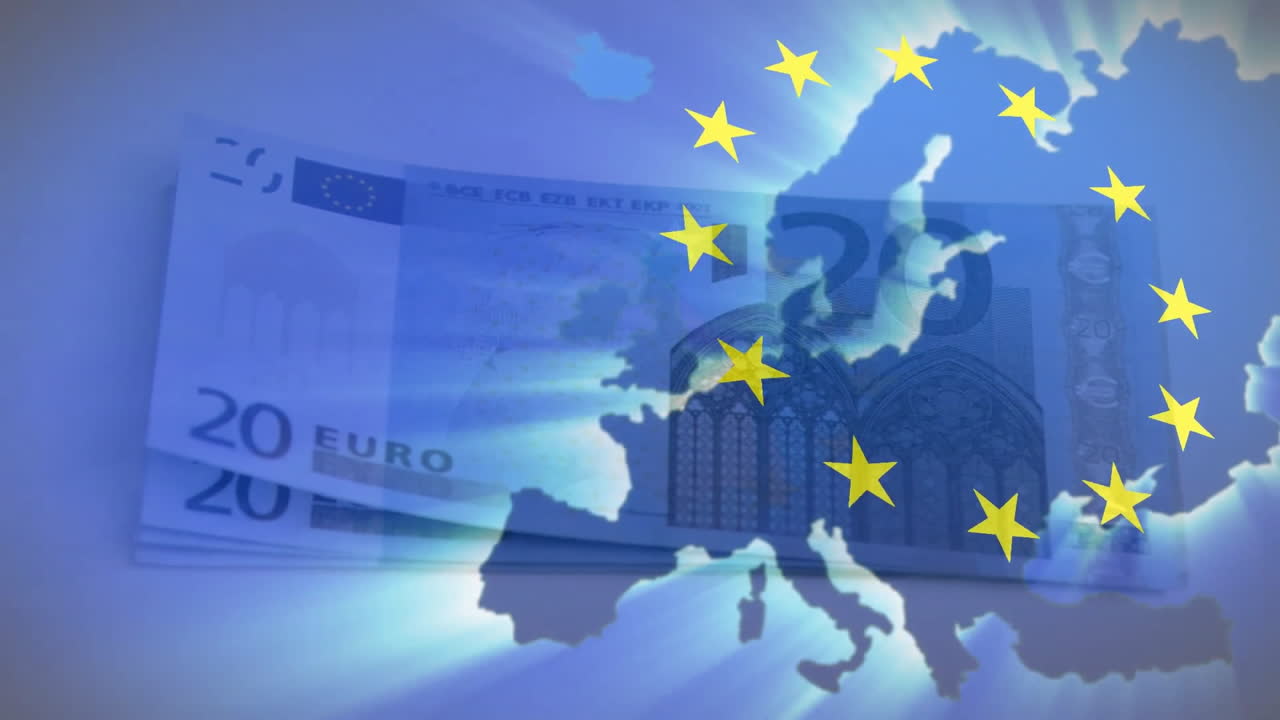 Overlaying animation of euro banknotes and EU flag stars on European Union map