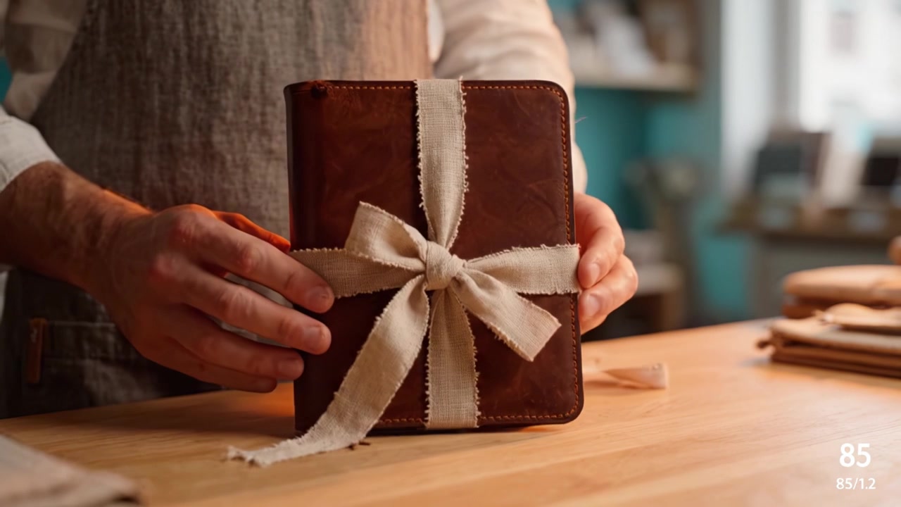 A Skilled Artisan Carefully Ties a Beautifully Wrapped Leather Journal with a Delicate Ribbon, Showcasing Craftsmanship and Attention to Detail in a Cozy Workspace.